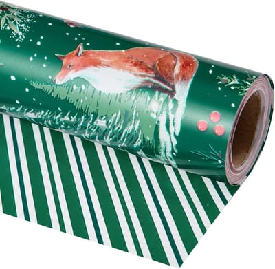 Omkeerbaar Kerst Inpakpapier Rol met Vos, Eekhoorn & Kerstboom Design - Groen Gestreept voor Cadeaus en Feestdagen