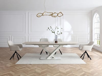 Vente-unique Verlengbare eettafel voor 6 tot 10 personen van gehard glas, keramiek en metaal - Beige marmereffect - MALATA van Maison Céphy