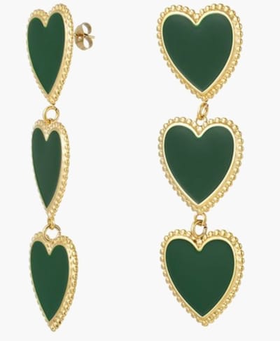 Joy Ibiza - hartjes oorbellen - donker groen emaille - 3 hartjes - vlinder sluiting - ear party boho - bohemian style - stainless steel - ip/pvd goldplated