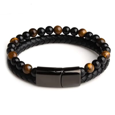 Tijgeroog Armband | Heren | Magneet Sluiting | leer en kralen | Zwart 21cm | Armbanden | Cadeau voor hem | verjaardag man