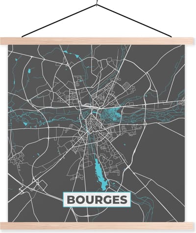 Posterhanger incl. Poster 40x40 cm - Schoolplaat - Bourges - Frankrijk - Stadskaart - Kaart - Plattegrond - Textielposter - Blanke latten - Stadskaart
