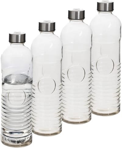 5Five Waterfles - 4x -1 liter - gehard ribbel glas - D8 x H29 cm - drinkfles - Glazen drink flessen
