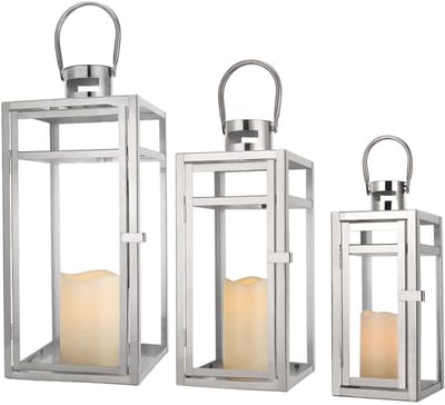 Set van 3 RVS Decoratieve Lantaarns met Glaspanelen voor Binnen en Buiten