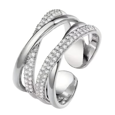 Zilverkleurige ring dames aanschuifring open ring dubbele band verstrengeld ontwerp transparante steentjes verstelbare ring minimalistische brede ring moderne sieraden