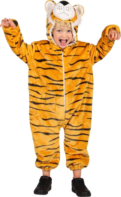 Dieren Kostuum Tijger Kinderen - Pluche - Dieren Onesie - Carnaval - Verkleedkleren Kinderen - Oranje/Zwart - Maat 128