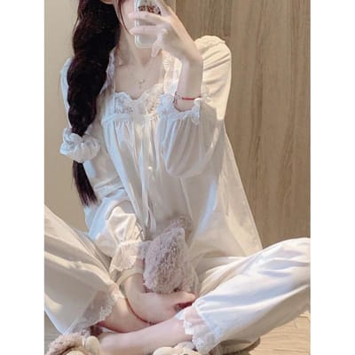Pyjama Style Palais Vintage Français Vêtements d'Intérieur pour Femmes Coupe Confortable Manches Longues Pijama Sexy Mujer Col en V Conjuntos Feminino Élégant L gray