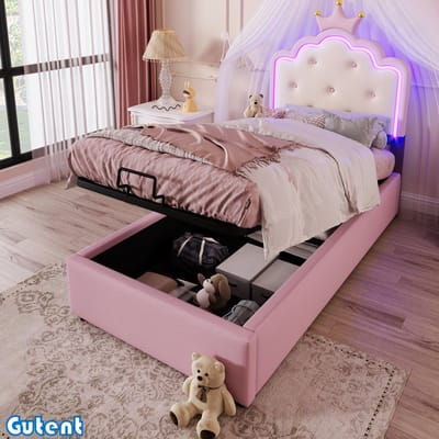 Gutent Kinderbed-90 x 200 cm-Geen matras-Accentverlichting-Kroonprinses-Hydraulische opbergruimte-PU materiaal-Roze