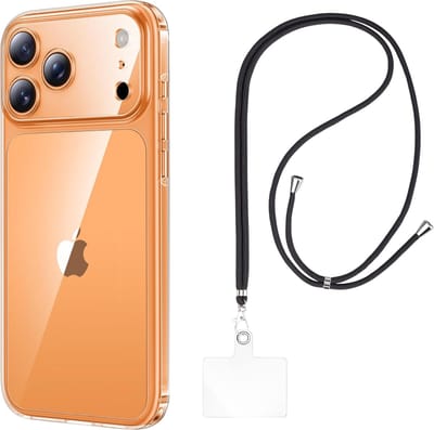 Set met hoesje en nekband voor iphone 17 pro max - Flexibele, transparante TPU-bescherming, verstelbare universele nekband voor mobiele telefoons, zwarte nekband, transparante draagriem van Phonillico®