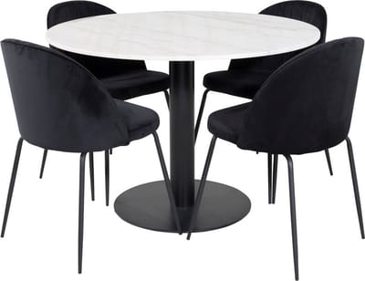 EstelleØ106WHBL eethoek eetkamertafel wit, marmer en 4 Wrinkles eetkamerstal velours zwart.
