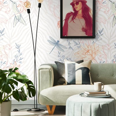 Fotobehang Profhome 392011-GU vliesbehang hardvinyl warmdruk in reliëf glad met bloemen patroon mat oranje blauw crèmewit 1,59 m x 2,8 m