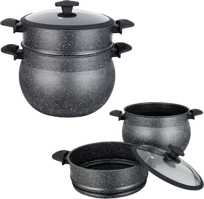 Couscouspan - Couscoussier - Stoompan - 12L - Alle warmtebronnen - Aluminium stone-coated - Glazen Deksel - ZWART