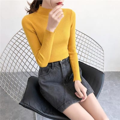 Chandails tricotés pour Femme Pull Femme mince confortable col roulé à manches longues S orange
