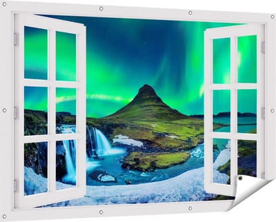 Gards Tuinposter Doorkijk Noorderlicht bij de Watervallen in IJsland - 150x100 cm - Tuindoek - Tuindecoratie - Wanddecoratie buiten - Tuinschilderij