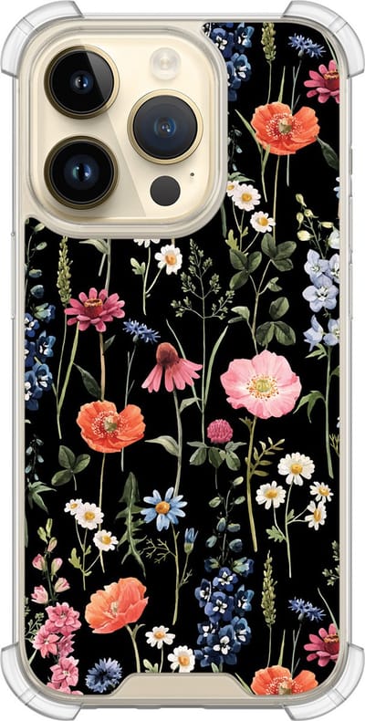 Shockproof hoesje - Geschikt voor iPhone 14 Pro - Dark flowers - Extra sterke case - TPU/polycarbonaat - Bloemen - Multi, Transparant