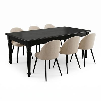 Amaretta eethoek tafel zwart 6 stoelen velours beige.