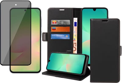 Book Case & Privacy Screenprotector geschikt voor Samsung Galaxy A17 5G / A26 Hoesje Screenprotector - Privé - Gehard Glas Cover - Magnetische Sluiting - Portemonnee Rustic Zwart