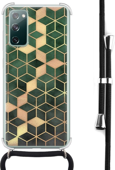 Hoesje met koord - Geschikt voor Samsung Galaxy S20 FE - Groen kubus - Verstelbaar zwart koord - Crossbody - Print / Illustratie - Transparant, Groen - Leuke Telefoonhoesjes