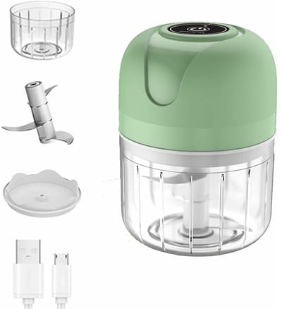 Mini Knoflookhakker Elektrisch - Draadloze Voedselmixer - 250ml Hakmolen voor Groenten, Fruit, Uien, Vlees, Babyvoeding & Kruiden - Draagbare Keukenmachine - Blauwgroen