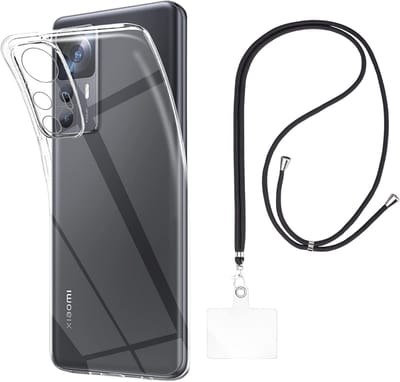 Set met hoesje en nekband voor xiaomi 12T / 12t pro - Flexibele, transparante TPU-bescherming, verstelbare universele nekband voor mobiele telefoons, zwarte nekband, transparante draagriem van Phonillico®