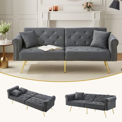 Gutent-Bank Moderne tweepersoons slaapbank – fluwelen bekleding, in 3 standen verstelbare rugleuning en verguld metalen poten. Stijlvolle bank met slaapfunctie – ruimtebesparend, duurzaam, ideaal voor kleine kamers.