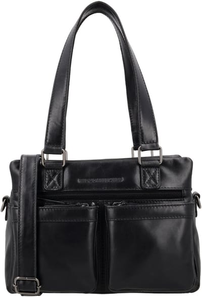 Hide & Stitches Porto Handtas - Leer - 3 Hoofdvakken - Voorvakken - Schouderband - Dames - Compact - Schoudertas - Tas - Leren Dames Tas - Zwart