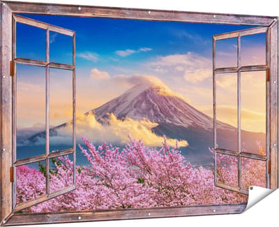 Gards Tuinposter Doorkijk Fuji Berg met Roze Bloesembomen - Bloemen - 180x120 cm - Tuindoek - Tuindecoratie - Wanddecoratie buiten - Tuinschilderij