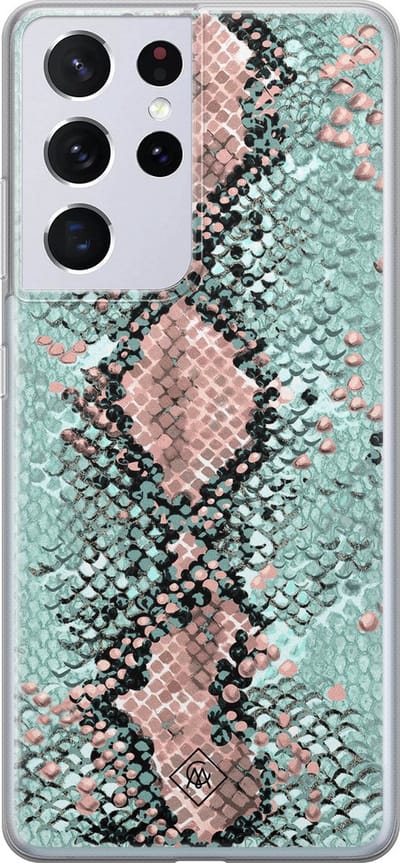 Casimoda® hoesje - Geschikt voor Samsung S21 Ultra - Slangenprint pastel mint - Backcover - Siliconen/TPU - Mint