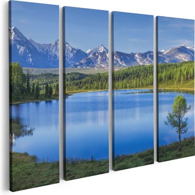 Artaza Canvas Schilderij Vierluik Meer Bij De Bergen In Het Bos - 80x60 - Foto Op Canvas - Canvas Print
