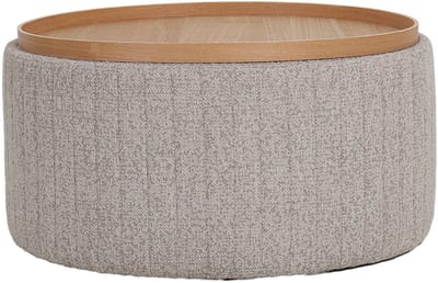 DÉJA Living Salontafel Angela – Rond – Met Opbergruimte – Chenille – Essen Fineer – 81x81x42 cm – Taupe/Naturel