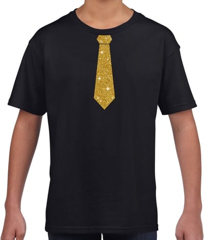 Verkleedkleding t-shirt - zwart - met kleine Stropdas - goud glitters - voor kinderen - carnaval 110/116