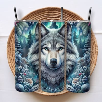 Creasowl® RVS Tumbler 600ml met Wolf Design – Thermosbeker – Herbruikbare Drinkbeker met Stalen Rietje – Koffiebeker - Duurzame Thermosfles - Travel mug - Travel Cup To Go gemakkelijk voor onderweg
