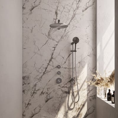 Brauer Brushed Edition thermostatische inbouw regendouche SET 20 met 30 cm douchekop en rechte muurarm en 3-standen handdouche en doucheslang en geïntegreerde glijstang RVS geborsteld PVD