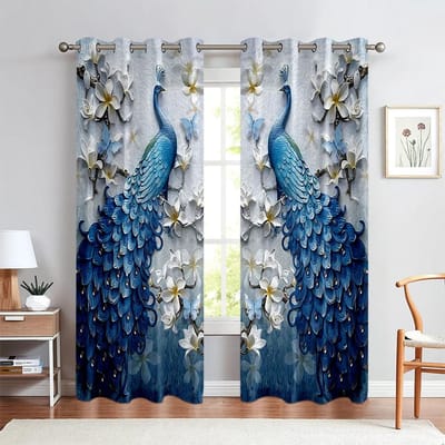 2 STUKS Vintage Blauw Goud Pauw Bloemenpatroon Bedrukte Gordijnen, Slaapkamer Woonkamer Keuken Comfortabele Decoratieve Gordijnen W50xH130(CM)x2pcs&Grommet Top