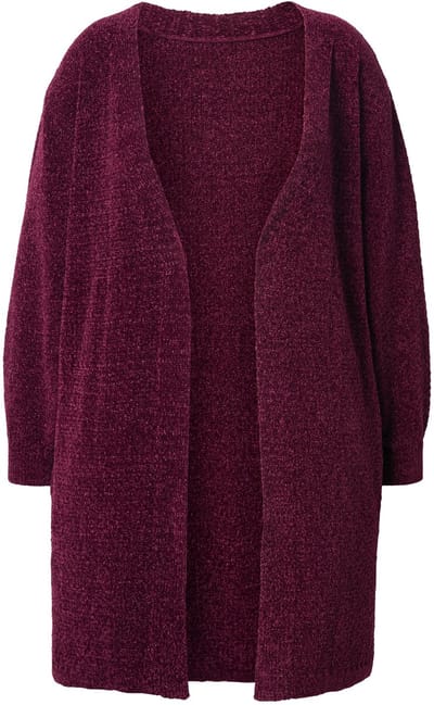 Ulla Popken - Dames - Chenille-cardigan V-hals open model lange mouwen - Donker wijnrood - Maat 42+