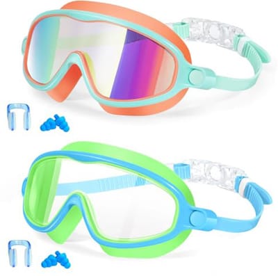 Kinderzwembrillen, set van 2 - UV-bescherming - Duik-/snorkelmasker - Geschikt voor jongens en meisjes van 3-15 jaar - Oranje lens en groene lens