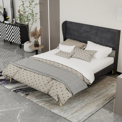 DESMIU Gestoffeerd Bed 160x200 cm – Modern Tweepersoonsbed Met Zacht Hoofdbord – Laag Bedframe – Voor Slaapkamer – Grijs – Zonder Matras