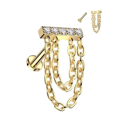 Piercing balkje gemmed met ketting hanger 1.2x6 - goud - LMPiercings