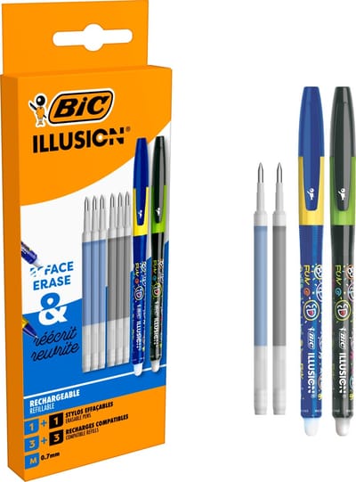 BIC Illusion Uitwisbare Balpen - Blauwe en Zwarte Pen met 6 Navullingen - Medium Punt 0,7 mm - 2 stuks