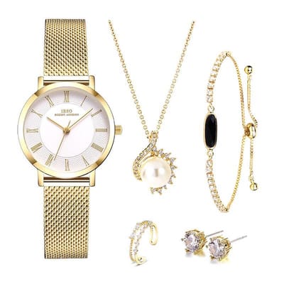 Gouden Horloge, Ring , Armband, oorbellen en Ketting | SMAEL G011| Boerni Aibisino  | Goud luxe geschenk set luxe geschenk set | Crystal glass | Premium kwaliteit uurwerk Quartz| Mineraal | Geschenk | Fashion | Elegant | Dames | Vrouw | Black Friday