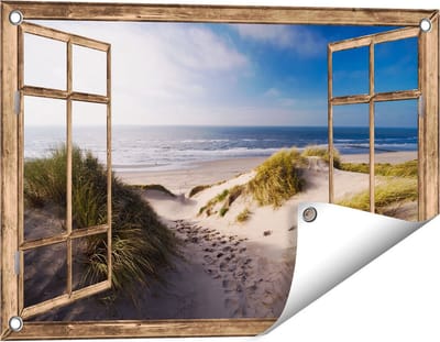 Gards Tuinposter Doorkijk Strand en Duinen - 60x40 cm - Tuindoek - Tuindecoratie - Wanddecoratie buiten - Tuinschilderij