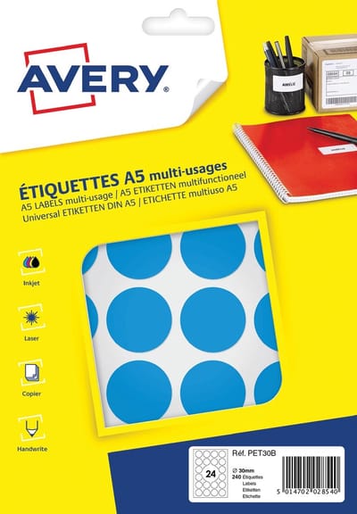Etiket Avery A5 30mm rond     blister 240st blauw