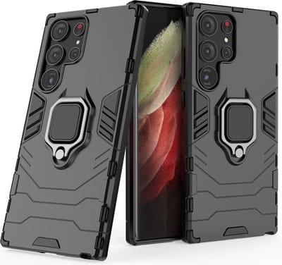 MobyDefend Hoesje - Geschikt voor Samsung Galaxy S23 Ultra - Dubbelgelaagde Pantsercase Met Standaard - Zwart