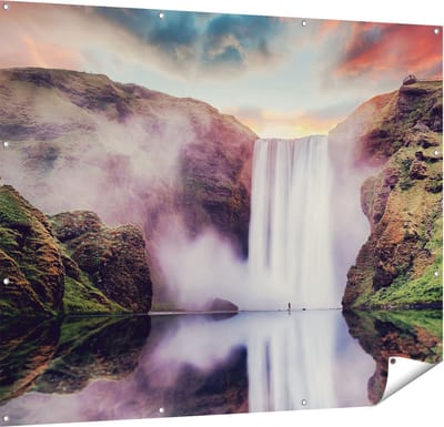 Gards Tuinposter Waterval met een Weerspiegeling in het Water - 150x120 cm - Tuindoek - Tuindecoratie - Wanddecoratie buiten - Tuinschilderij