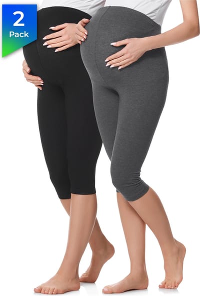 Be Mammy Dames Leggings - Zwangerschapskleding - Capri - Katoen - BE-BE20-229-LE-2P - 2Pack - Zwart/Donkermelange - S