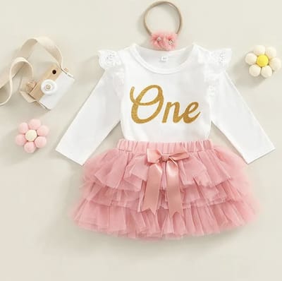 Verjaardag Outfit Baby 1 Jaar - Lang - Birthday Dress - Maat: 80/86 - Eerste Verjaardag - Romper & Tutu Rok - Verjaardagsjurk - Jurk voor Eerste Verjaardag - Baby 1 Jaar Jurk - Feestjurk - Kleur: Roze & Goud - Hoera 1 Jaar! - Verjaardag Jurk Dochter
