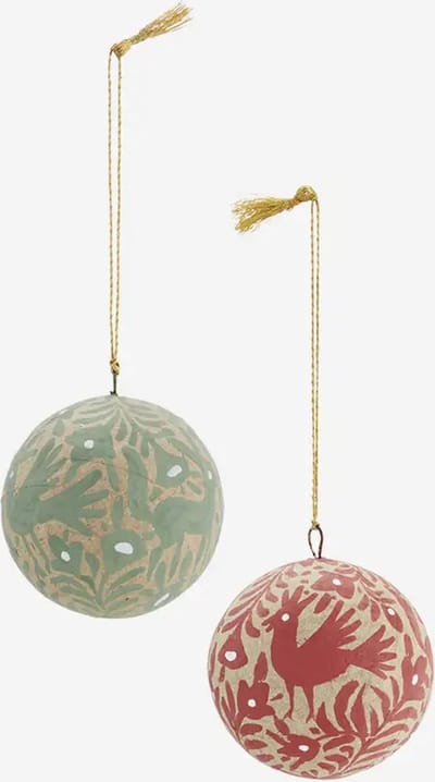 Madam Stoltz - Set van 2 papier maché kerstballen - groen en rood - handbeschilderd