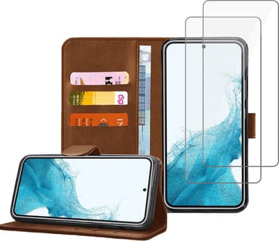 Geschikt voor Samsung S22 Book Case Hoesje - 2x Screenprotector - Flip Portemonnee Bruin met Screen Cover Tempered Glas