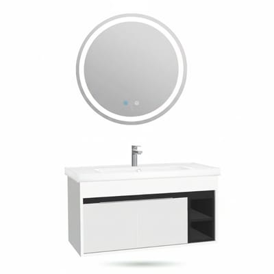 Koblenz Badkamermeubel Set 100 cm Hoogglans Wit – Met Ronde LED Spiegel, Softclose Semi-Handgreep, 2 Deuren, Keramische Wastafel