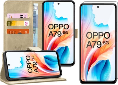 Hoesje geschikt voor Oppo A79 - Screenprotector Glas - Portemonnee Book Case Goud