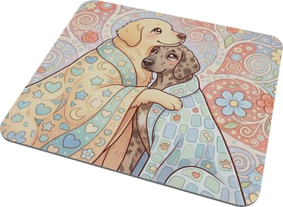 Muismat Knuffelende Honden met Deken Kawaii Mousepad - Schattige Puppy Illustratie Pastel Blauw en Roze - Laptop en Computer Accessoire voor haar: Vriendin & Collega - Hartjes en Sterren Patroon - Hartverwarmend Dieren Cadeau